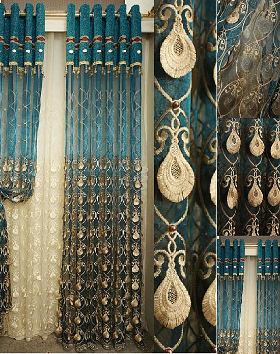 Curtains Luxury Embossed Embroidered Yarn Peacock Blue Sheer